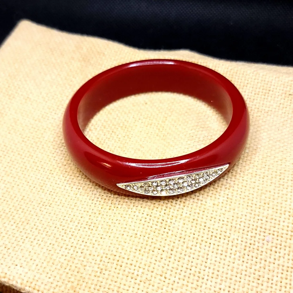 Red Lucite Pave Accent Bangle Bracelet Rouge Red Bracelet Accent Diamond Pave